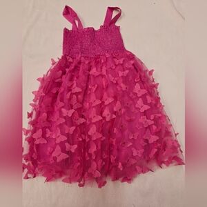 Girls Sleeveless Smocked 3D Butterfly Tulle Dress, Fuchsia - (Medium)